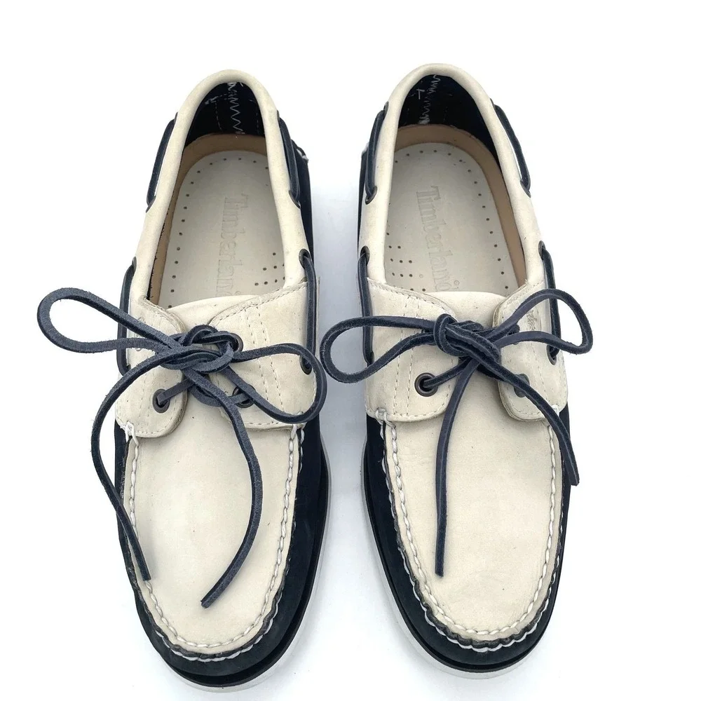 Timberland Classic 2-Eye Navy Blue Cream Leather Boat Shoes Men's Size 10M